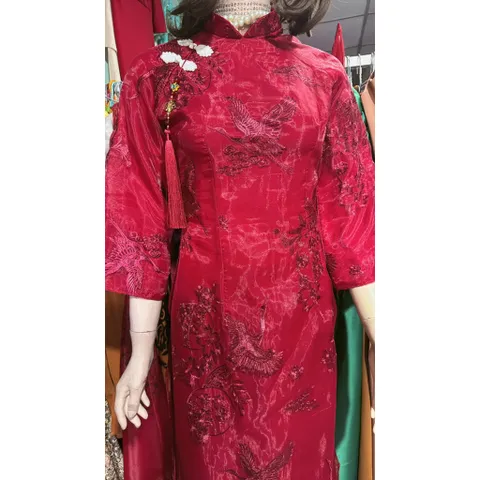 Áo dài Hạc Vũ kèm tag tua rua họa tiết sang trọng đi lễ chùa lễ Tết + kèm quần ( đỏ hoặc trắng) Giá 390k/ cả set