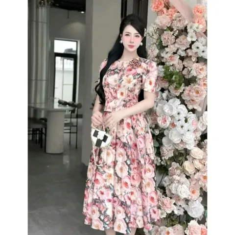 Set đầm hoa áo cổ tròn đính hoa váy xoè Hàng coa sẵn giao ngay Đủ size tới 75kg Giá 320k/ cả set