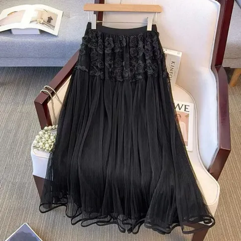 Váy dài xếp ly cao cấp thiết kế mới hoa 3D lưới Pháp eo cao kiểu dáng nhỏ nhắn cho phái nữ Giá 320k Hàng QC cao cấp