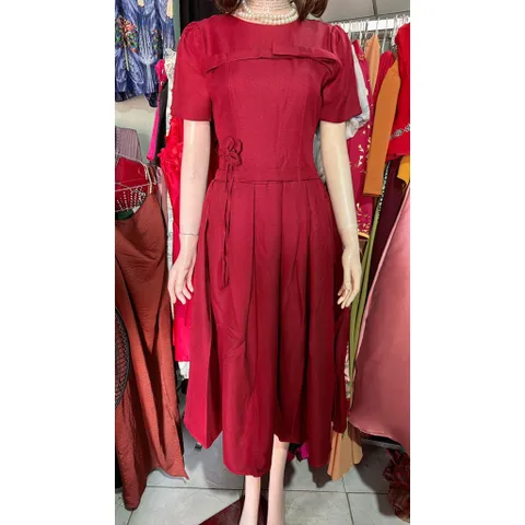 Đầm nữ đi tiệc dáng dài chất tuyết mưa đính nơ  Hàng cao cấp Size SM mặc đẹp Giá 390k Màu nâu tây + màu đỏ đô