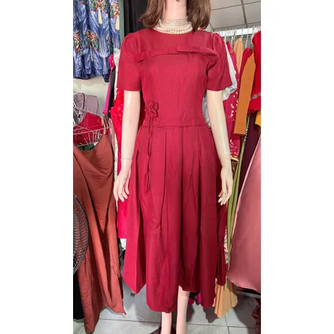 Đầm nữ đi tiệc dáng dài chất tuyết mưa đính nơ  Hàng cao cấp Size SM mặc đẹp Giá 390k Màu nâu tây + màu đỏ đô
