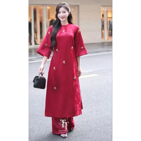 Cả bộ  Áo dài (Set) châu sa tag hai loại buom và hoa hồng cho các c e chọn ạ  Màu đỏ  Hàng có sẵn giao ngay Size SM