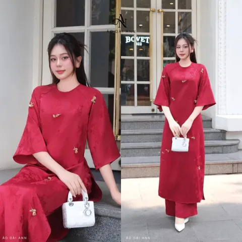 Cả bộ  Áo dài (Set) châu sa tag hai loại buom và hoa hồng cho các c e chọn ạ  Màu đỏ  Hàng có sẵn giao ngay Size SM