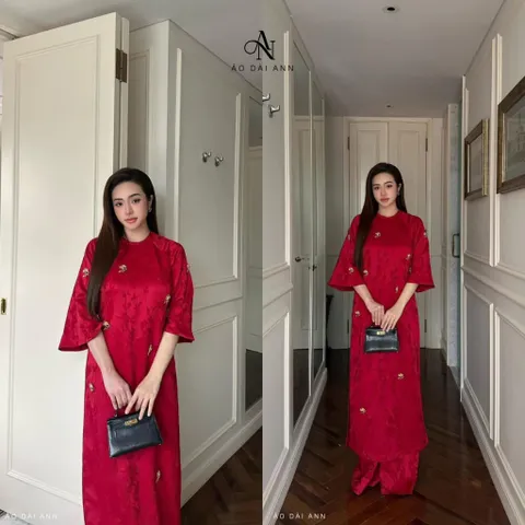 Cả bộ  Áo dài (Set) châu sa tag hai loại buom và hoa hồng cho các c e chọn ạ  Màu đỏ  Hàng có sẵn giao ngay Size SM