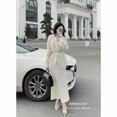 Set 3 món: áo sơ mi ren khoang + áo lót trong kèm chân váy lụa  Màu kem Hàng có sẵn giao ngay
