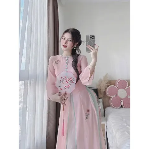 Set áo dài cách tân phối màu cực xịn thêu hoa cho nữ đi chơi dự tiệc áo dài tết xinh xắn dễ thương Giá 420k/ cả set