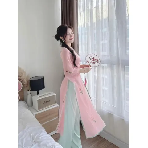 Set áo dài cách tân phối màu cực xịn thêu hoa cho nữ đi chơi dự tiệc áo dài tết xinh xắn dễ thương Giá 420k/ cả set