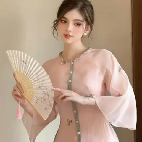 Set áo dài cách tân phối màu cực xịn thêu hoa cho nữ đi chơi dự tiệc áo dài tết xinh xắn dễ thương Giá 420k/ cả set