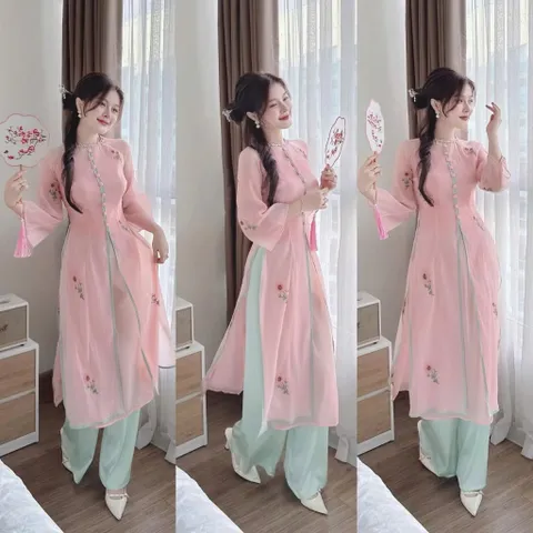 Set áo dài cách tân phối màu cực xịn thêu hoa cho nữ đi chơi dự tiệc áo dài tết xinh xắn dễ thương Giá 420k/ cả set