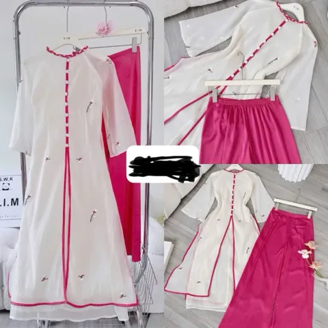 (Có bigsize eo dứoi 84cm) Áo dài tơ thêu tà xẻ màu kem quần hồng mặc tết, đồ lam đi chùa Eo dứoi 84 cm mặc đẹp