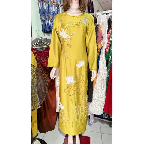 [Lụa Ruby xanh bơ ]_Áo dài mẹ sui lụa ruby xanh bơ thêu và đính kết tỉ mỉ  Hàng có sẵn giao ngay 3XL, eo dứoi 90cm