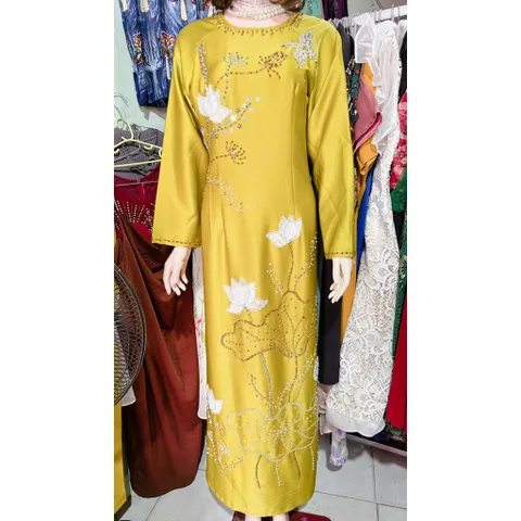 [Lụa Ruby xanh bơ ]_Áo dài mẹ sui lụa ruby xanh bơ thêu và đính kết tỉ mỉ  Hàng có sẵn giao ngay 3XL, eo dứoi 90cm