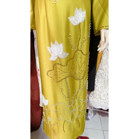 [Lụa Ruby xanh bơ ]_Áo dài mẹ sui lụa ruby xanh bơ thêu và đính kết tỉ mỉ  Hàng có sẵn giao ngay 3XL, eo dứoi 90cm