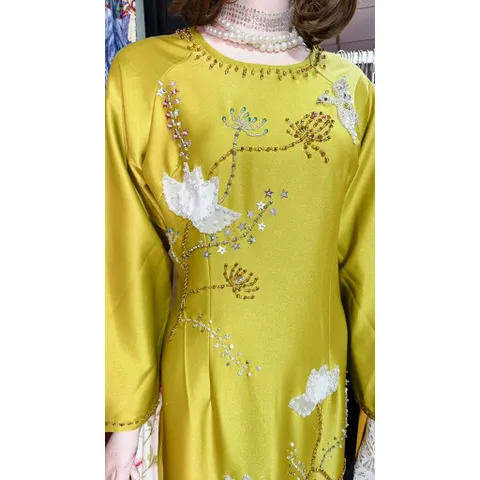 [Lụa Ruby xanh bơ ]_Áo dài mẹ sui lụa ruby xanh bơ thêu và đính kết tỉ mỉ  Hàng có sẵn giao ngay 3XL, eo dứoi 90cm