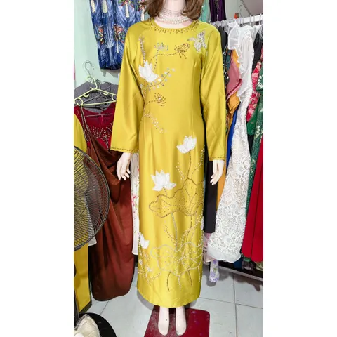 [Lụa Ruby xanh bơ ]_Áo dài mẹ sui lụa ruby xanh bơ thêu và đính kết tỉ mỉ  Hàng có sẵn giao ngay 3XL, eo dứoi 90cm