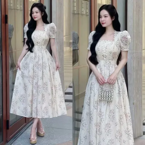 Đầm Tiều Thư Dáng Dài Chất Xô Thêu Hoa Đan Dây Ren  Hàng có sẵn giao ngay Đủ size SML, dưới 65kg mặc đẹp Giá 420k