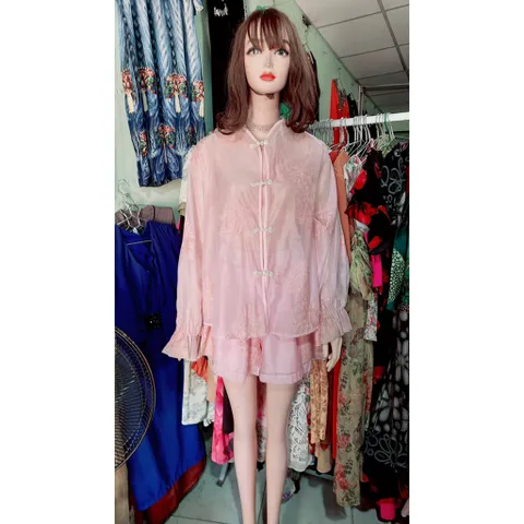 Set áo + quần mặc đi biển đi du lich siêu đẹp có sẵn 2 túi, eo quan bo chun co giãn dễ mặc Màu hồng