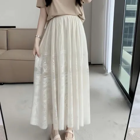 chân váy dáng dài lưới ren hoa dệt kim xòe rộng dài tiểu thư chuẩn loại xịn Màu trắng kem Hàng cao cấp Có sẵn giao ngay