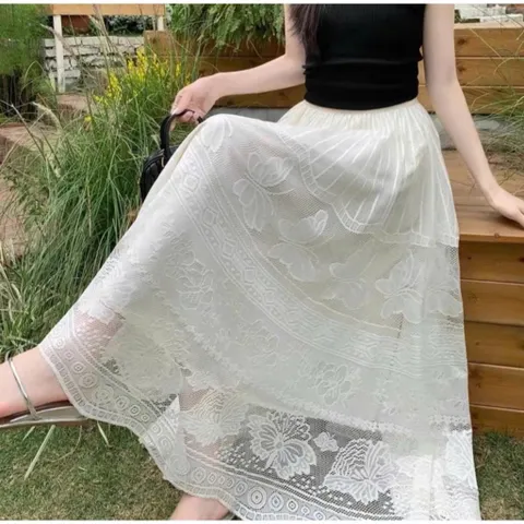 chân váy dáng dài lưới ren hoa dệt kim xòe rộng dài tiểu thư chuẩn loại xịn Màu trắng kem Hàng cao cấp Có sẵn giao ngay
