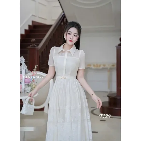 Đầm sơ mi ngắn tay thanh lịch, đầm dáng dài chiết eo tôn dáng, đầm công sở tiểu thư  Đủ size SML