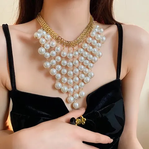 dây chuyền Phong cách Pháp thiết kế sáng tạo cảm giác xương đòn chuỗi ánh sáng sang trọng chữ ngọc tua rua vòng