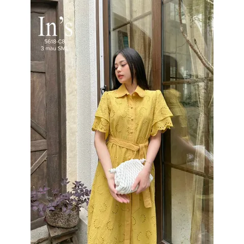 Đầm ren thêu siêu đẹp Màu vàng Size SM Hàng có sẵn giao ngay Giá 390k Đúp lót 2 lớp