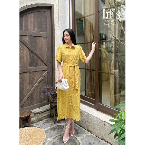 Đầm ren thêu siêu đẹp Màu vàng Size SM Hàng có sẵn giao ngay Giá 390k Đúp lót 2 lớp
