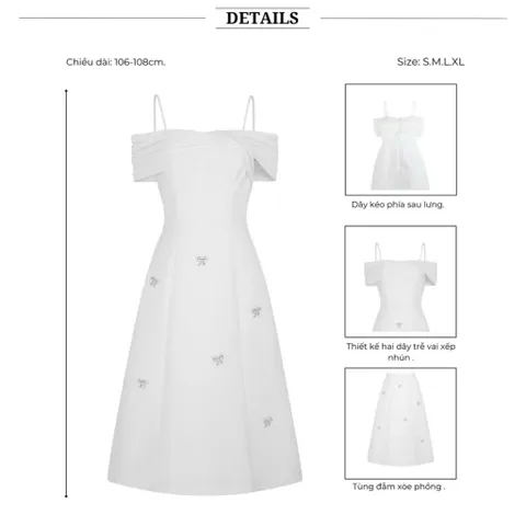 Đầm Dự Tiệc 2 Dây Trễ Vai Phối Đá Sang Trọng - Hàng có sẵn giao ngay  Size SMLXL màu trắng ( eo dưới 84cm)