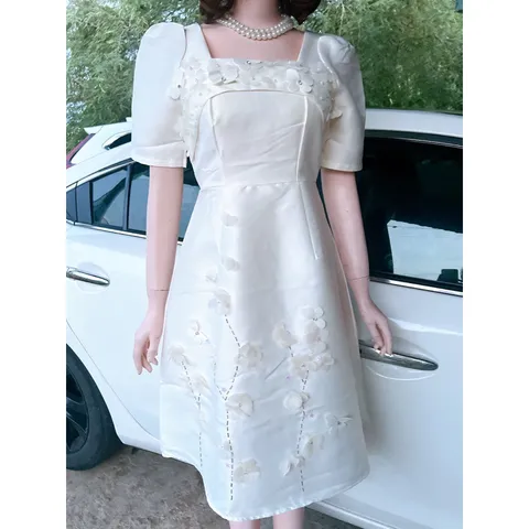 Đầm tapTa   kem tiểu thư đính hoa thủ công tỉ mỉ nữ tính  Đầm thiết kế đi chơi đi làm xinh xắn Giá 390k HÀng có sẵn