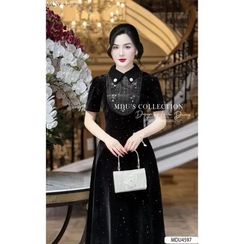 Đầm nhung Dáng Xòe Thiết Kế Đính kết tay tỉ mỉ Cách Điệu, Đính Đá Lấp Lánh Trên Nền Nhung Tuyết Cao Cấp  Hàng có sẵn