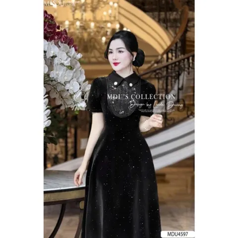 Đầm nhung Dáng Xòe Thiết Kế Đính kết tay tỉ mỉ Cách Điệu, Đính Đá Lấp Lánh Trên Nền Nhung Tuyết Cao Cấp  Hàng có sẵn