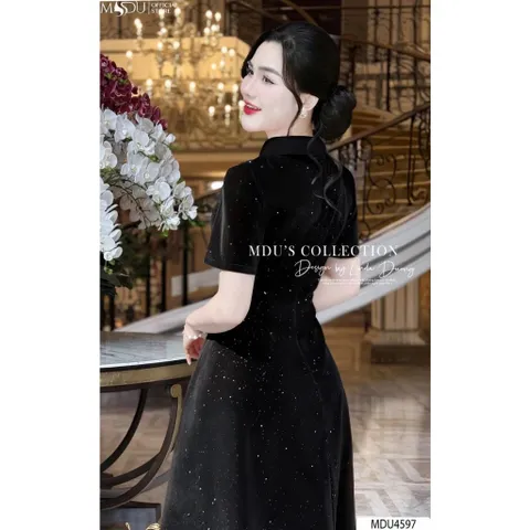 Đầm nhung Dáng Xòe Thiết Kế Đính kết tay tỉ mỉ Cách Điệu, Đính Đá Lấp Lánh Trên Nền Nhung Tuyết Cao Cấp  Hàng có sẵn