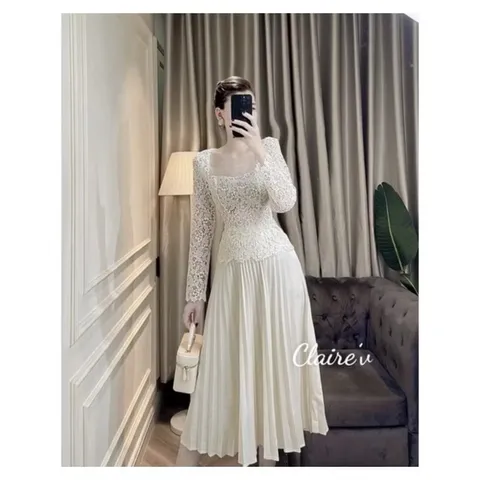Set Thiết Kế Chất Liệu Ren  – Sang Trọng Set áo ren nữ tiểu thư cổ vuông dài tay đính kết siêu cấp kèm chân váy