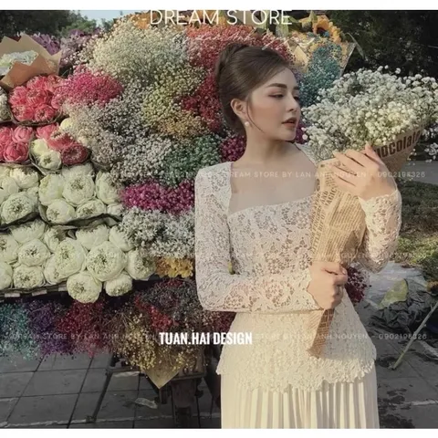 Set Thiết Kế Chất Liệu Ren  – Sang Trọng Set áo ren nữ tiểu thư cổ vuông dài tay đính kết siêu cấp kèm chân váy