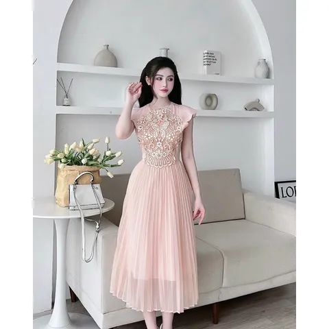 váy ren phối  xếp ly cao cấp ( kèm ảnh thật) Giá 390k Hàng có sẵn giao ngay S Màu hồng phấn
