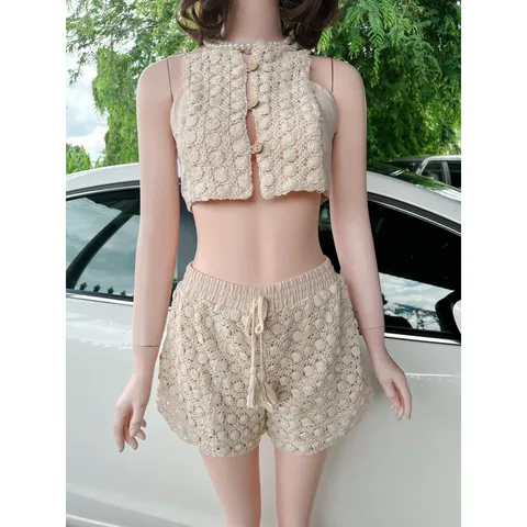 Set sho.rt hai dây nút gỗ gồm áo và quần eo bo chun co giãn dễ mặc Size SM Hàng có sẵn giao ngay  Giá 320k/ cả set