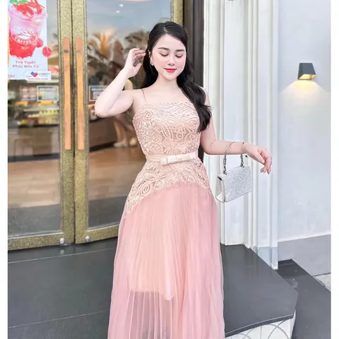 Váy hai dây ren phối lưới dập ly Giá 450k Hàng có sẵn giao ngay L Maù hồng phấn Chất liệu ren cao cấp Hàng chính chủ