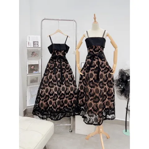 VÁY REN HOA VINTAGE CỘT EO DÂY PHỐI DÂY KÉP  Giá 420k Hàng có sẵn giao ngay Hàng ren cao cấp