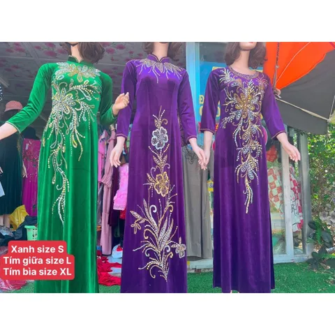 Áo daì nhung đính kêt siêu đẹp Hàng chụp thật 100% Xanh size S , tím giữa size L, tím bìa size XL Hàng siêu đẹp tỉ mỉ