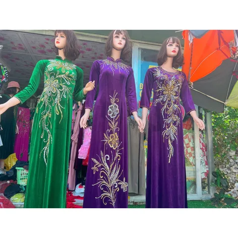 Áo daì nhung đính kêt siêu đẹp Hàng chụp thật 100% Xanh size S , tím giữa size L, tím bìa size XL Hàng siêu đẹp tỉ mỉ