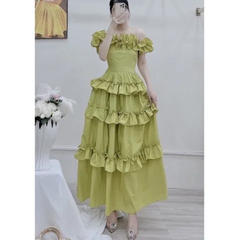Đầm trễ vai chun eo dáng xòe  xanh bơ chất vải thô lụa Nhật váy xòe, chun trễ vai, chun eo, tạo độ ôm và thoải mái