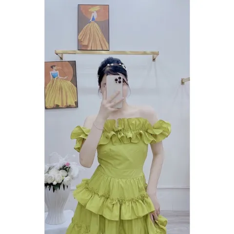 Đầm trễ vai chun eo dáng xòe  xanh bơ chất vải thô lụa Nhật váy xòe, chun trễ vai, chun eo, tạo độ ôm và thoải mái