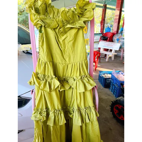 Đầm trễ vai chun eo dáng xòe  xanh bơ chất vải thô lụa Nhật váy xòe, chun trễ vai, chun eo, tạo độ ôm và thoải mái