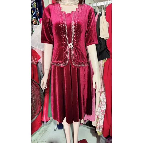 Đầm trung niên dạ hội nhung chính phẩm thiết kế giả vest giấu bụng tôn dáng,ép đá cao cấp sang trọng Giá 390k Màu đỏ đô