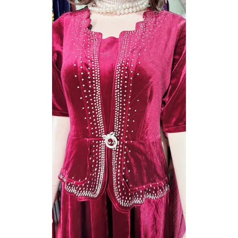 Đầm trung niên dạ hội nhung chính phẩm thiết kế giả vest giấu bụng tôn dáng,ép đá cao cấp sang trọng Giá 390k Màu đỏ đô