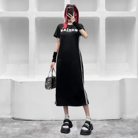 ĐẦM DÀI Thể thao  Chất liệu: Premium cotton cá sấu 4 chiều Form: Đầm dài Freesize:54 - 68kg Vải premium cotton 4 chiều