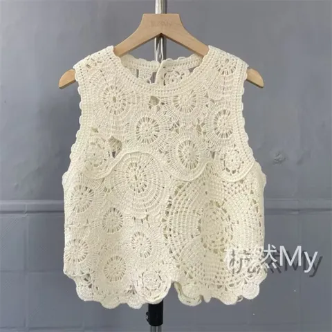 Áo len sợi móc ba lỗ phong cách tiểu thư vintage Hàng có sẵn giao ngay Màu kem Giá 190k