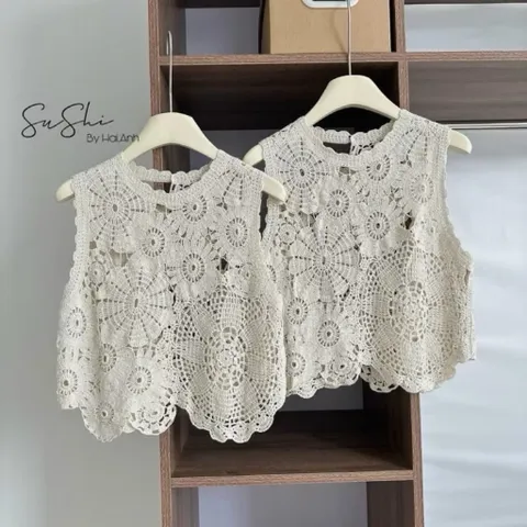 ÁO REN 3 LỖ HOẠ TIẾT XINH XỈU áo ren lưới mặc đi biển đi chơi hàng chuẩn quảng châu Giá 190k Màu kem Hàng có sẵn giao