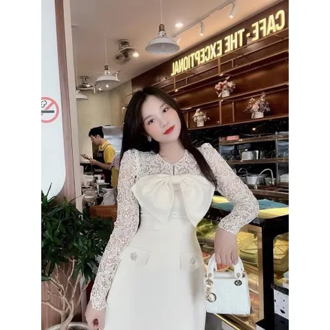Đầm Dạ Tweed Nơ Ngực Phối Ren Dài Tay 2 màu kem Hàng có sẵn giao ngay L, eo dưới 78cm mặc đẹp Đủ size SML Giá 360k
