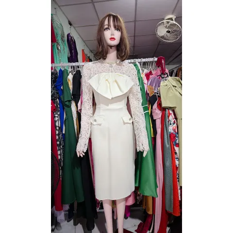 Đầm Dạ Tweed Nơ Ngực Phối Ren Dài Tay 2 màu kem Hàng có sẵn giao ngay L, eo dưới 78cm mặc đẹp Đủ size SML Giá 360k